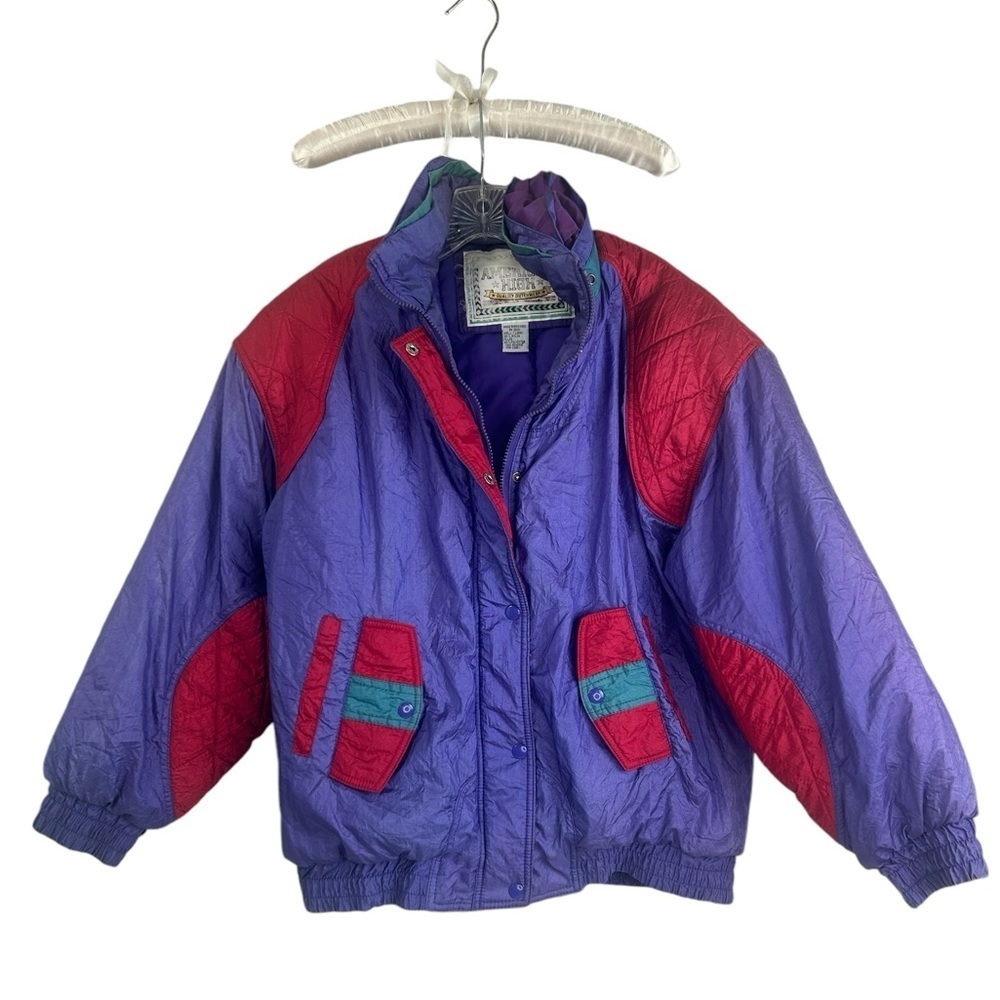 American High Y2K Purple Red Nylon Retro Bomber 90s Jacket Coat Women Med FLAW